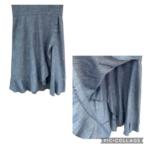 J. Crew Short Sleeve V-Neck Faux Wrap Ruffle Chambray Mini Dress Preppy - Sz 00 - Picture 9 of 15